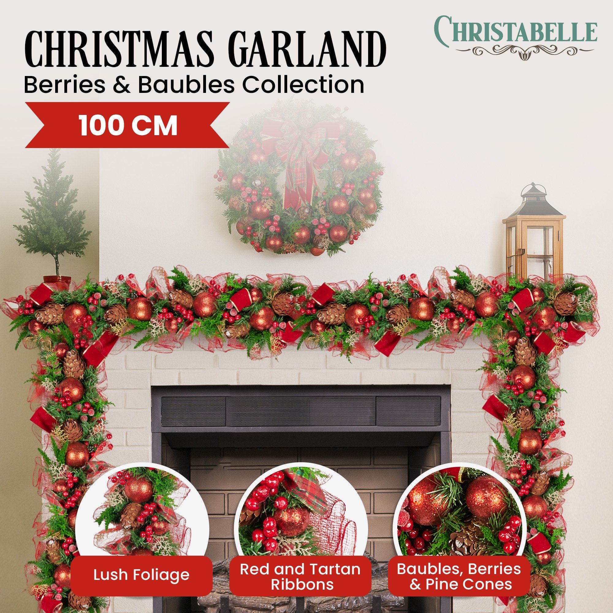 100cm Christmas Garland Lush Green Holiday Garland w/ Red Berries, Baubles & Pine Cones Pre-Decorated Festive Shelf or Banister Decoration