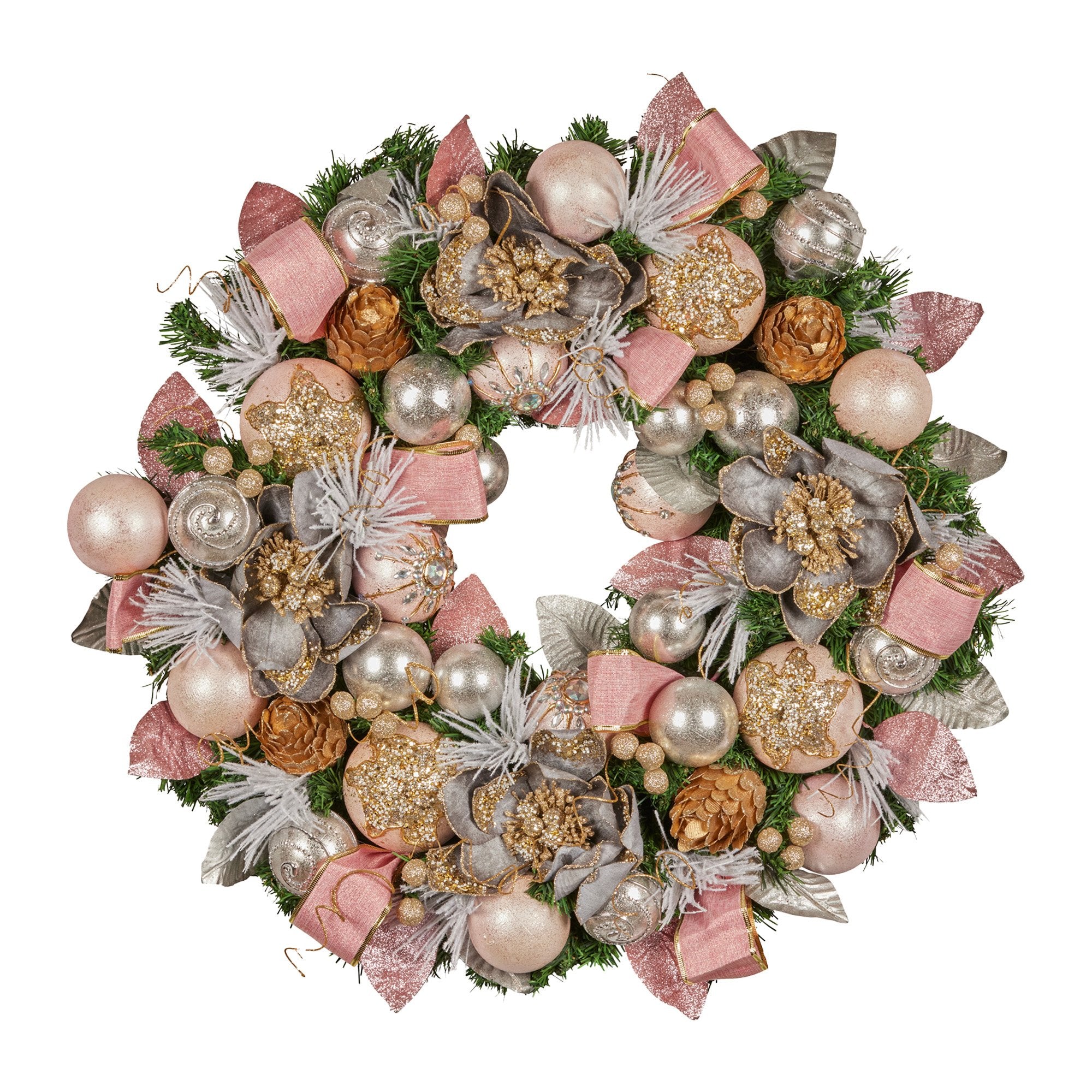 71cm Christmas Wreath Lush Green Holiday Door Wreath w/Jewelled Baubles, Foliage, Flowers, Ribbon & Berries
