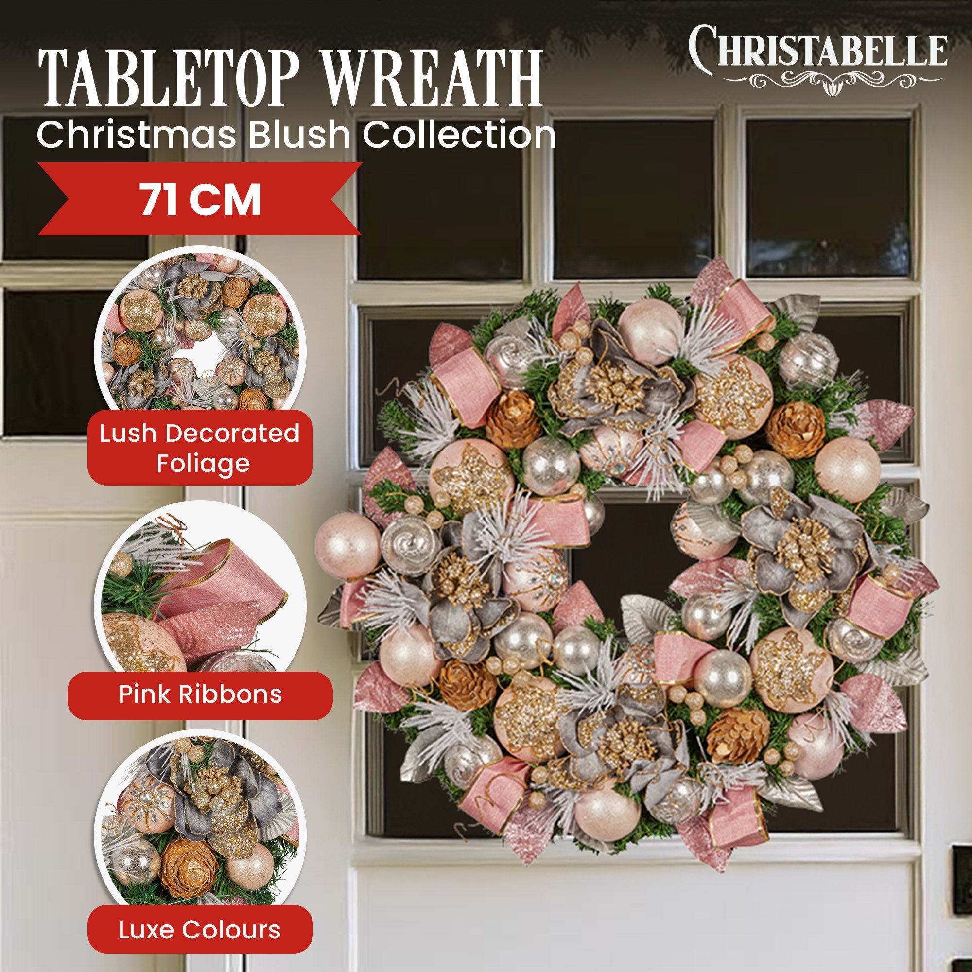 71cm Christmas Wreath Lush Green Holiday Door Wreath w/Jewelled Baubles, Foliage, Flowers, Ribbon & Berries