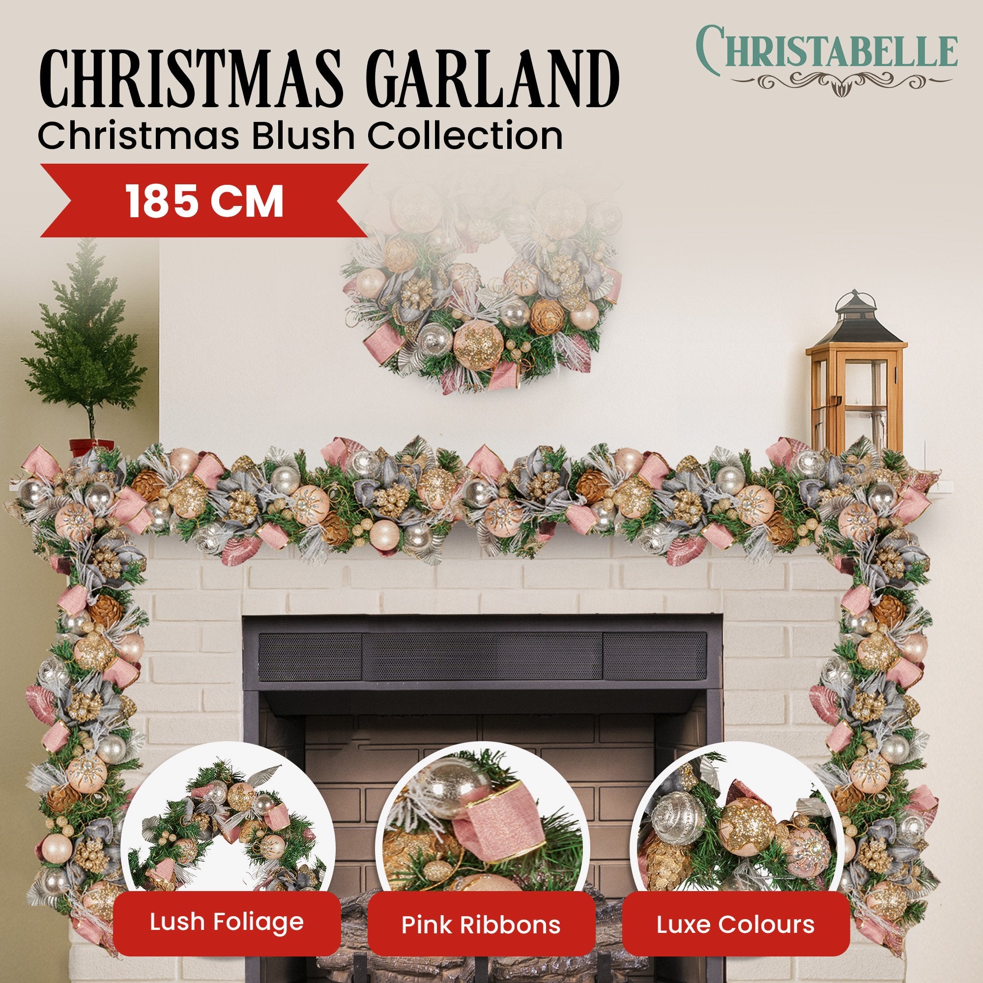 185cm Christmas Garland Lush Green Holiday Door Garland w/Jewelled Baubles, Flowers, Ribbon & Berries