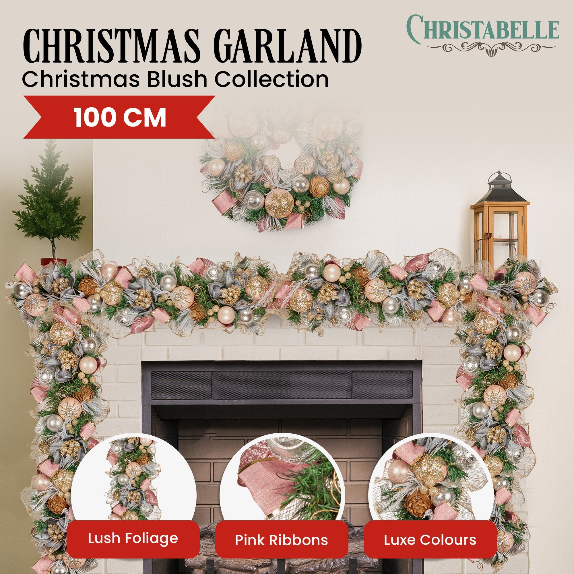 100cm Christmas Garland Lush Green Holiday Door Garland w/Jewelled Baubles & Berries Pre Decorated Festive
