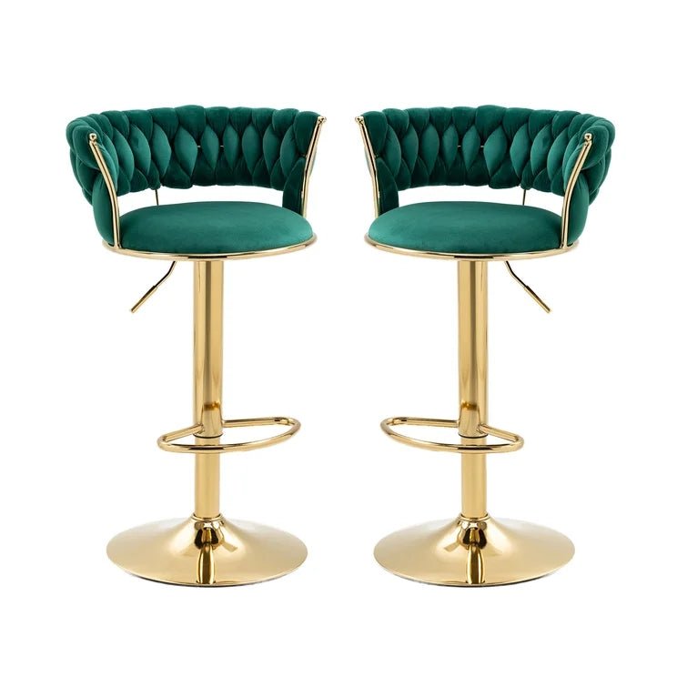 Set of 2 Fairlie Velvet Bar Stools – Green & Gold
