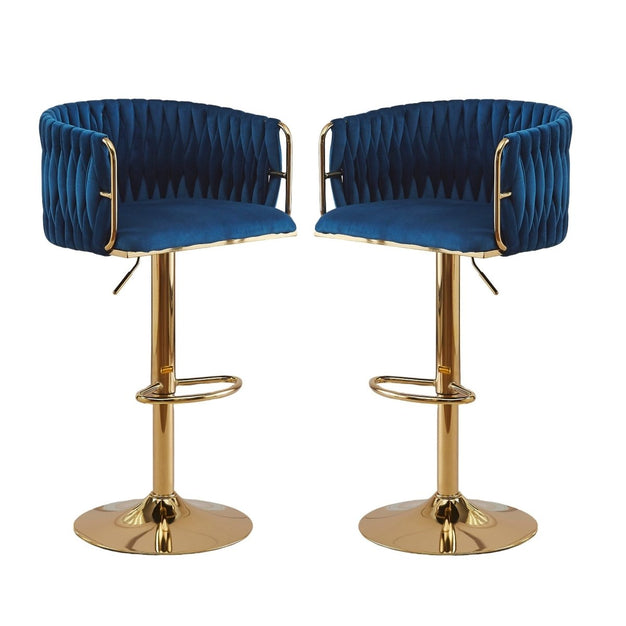 Set of 2 Marlowe Velvet Bar Stools - Blue with Gold Base