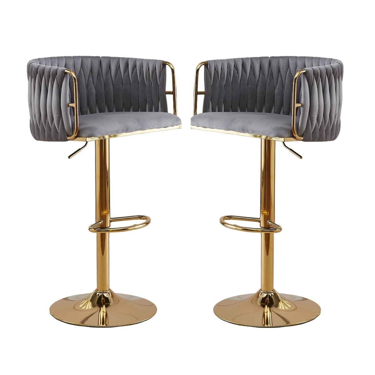 Set of 2 Marlowe Velvet Bar Stools - Grey with Gold Base