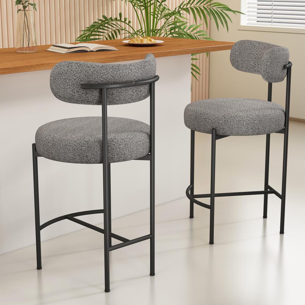 Set of 2 Lennox Contemporary Bouclé Bar Stools - Grey