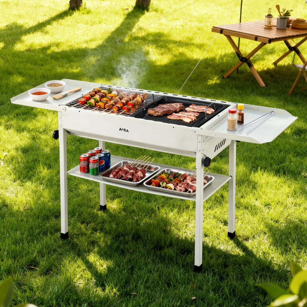 Portable BBQ Grill w/ Stainless Steel Racks & Pans for Outdoor