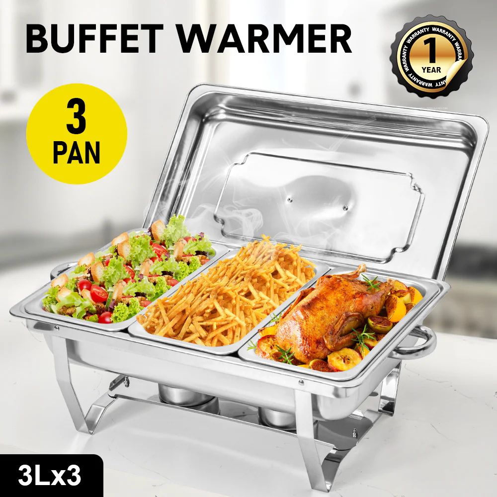 3LX3 Chafing Dish Set, Premium 410 Stainless Steel Buffet Warmer, Bain Marie Food Server with Fuel Holders & Lid, Stackable Catering Equipment for Hotels, Parties, Weddings & Banquets, Silver