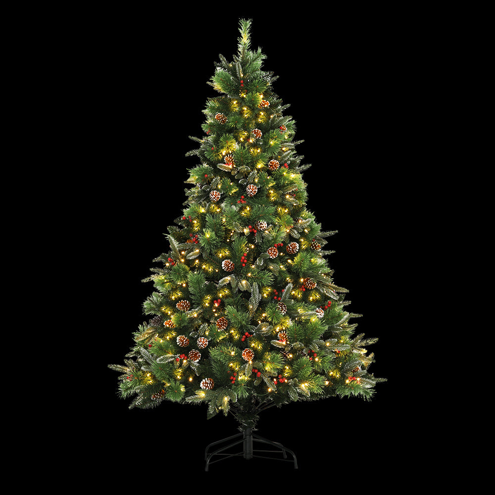 7FT / 2.1M Christmas Tree – 1360 Tips – Pre-lit 450 Warm White LED Lights with Pine Cones & Red Berries