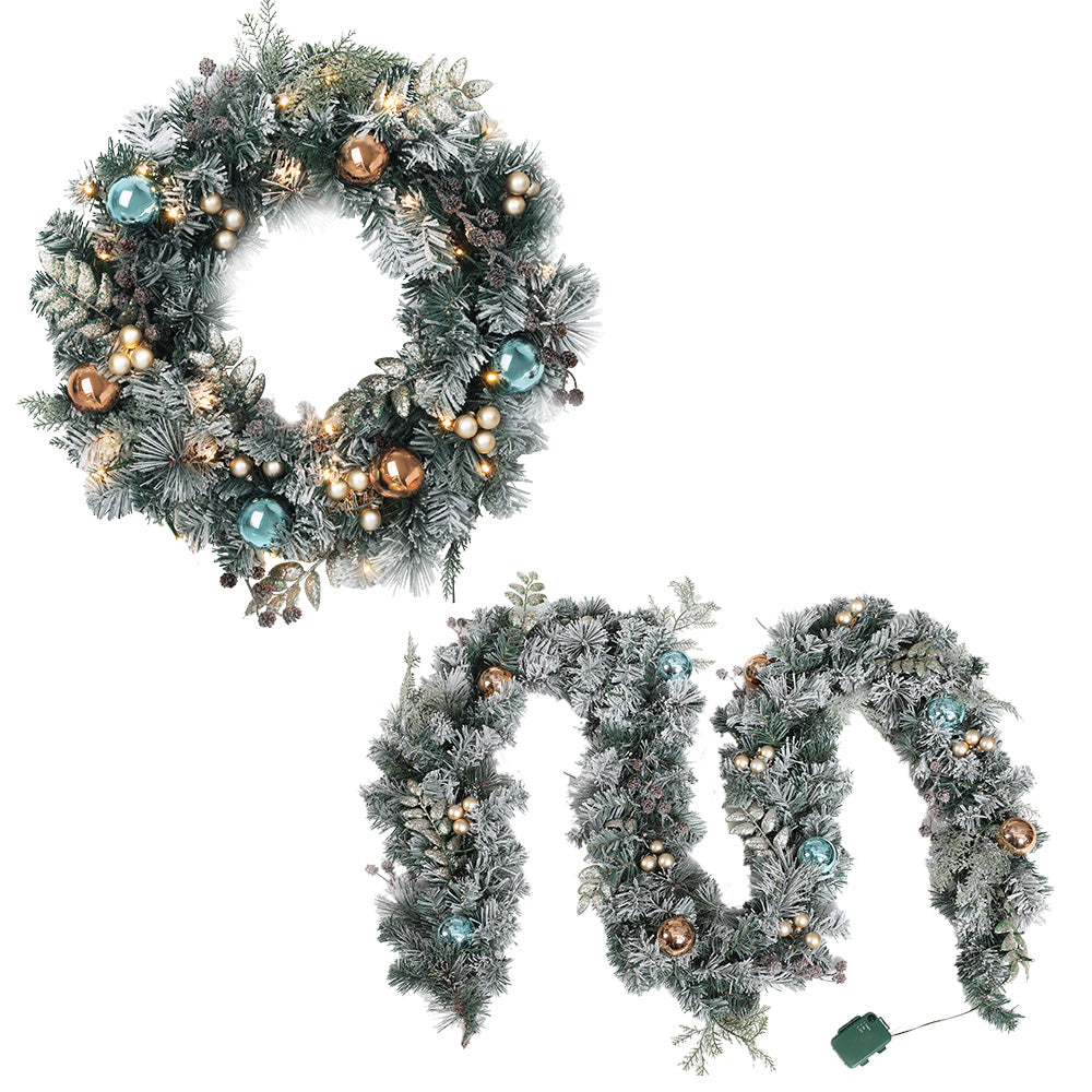 2.7M Snowy Christmas Garland & Wreath Set with LED Lights – Festive Décor