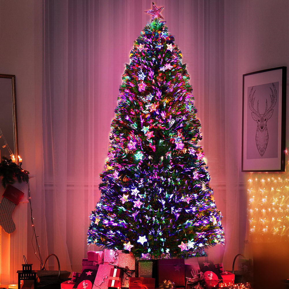 6FT / 1.8M Fibre Optic Christmas Tree – 250 Tips – Pre-lit Multi-Colour LED Lights with Star Topper & 38 Fibre Optic Stars