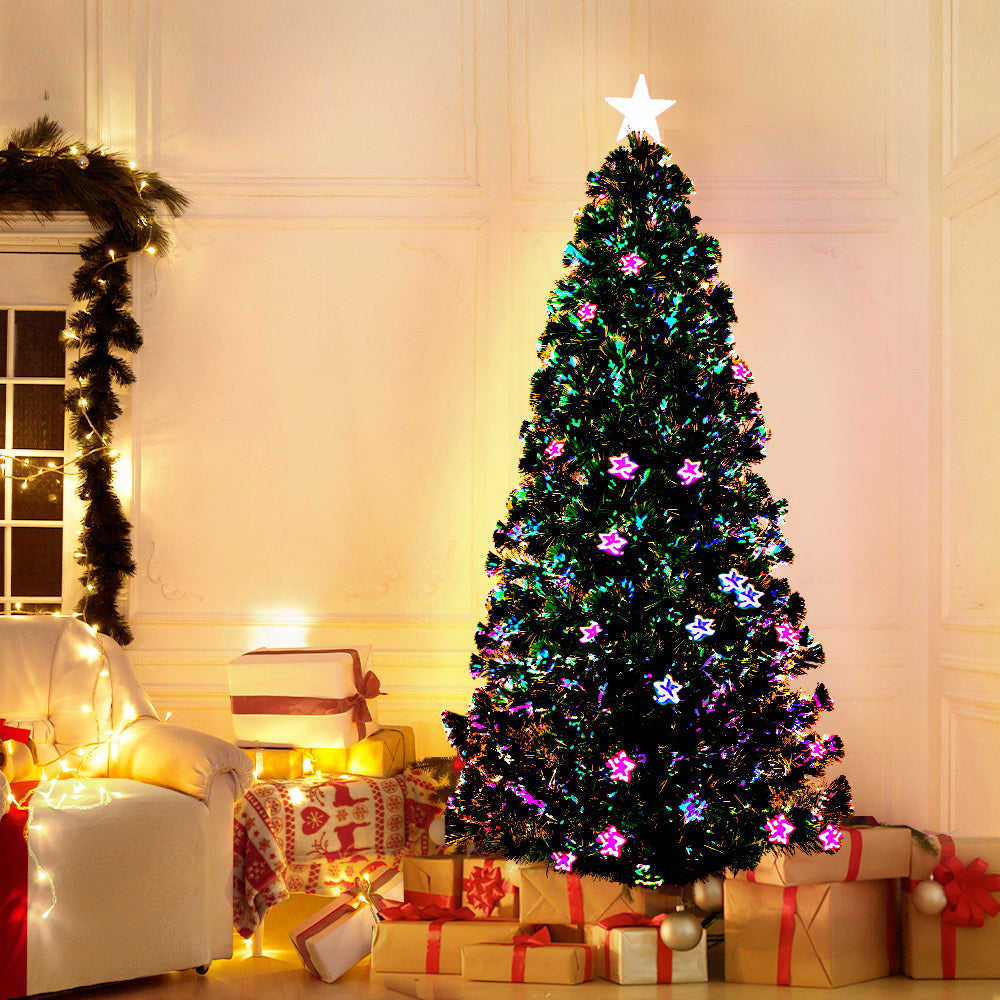 6FT / 1.8M Fibre Optic Christmas Tree – 250 Tips – Pre-lit Multi-Colour LED Lights with Star Topper & 38 Fibre Optic Stars