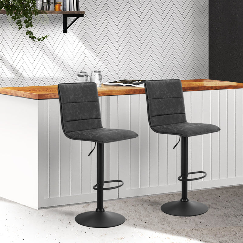 Set of 2 Bar Stools PU Leather Smooth Line Style - Grey and Black