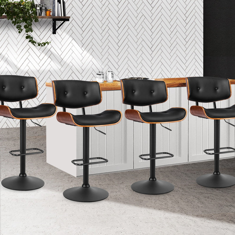 Set of 4 Harper Wood and Leather Gas Lift Bar Stools Black