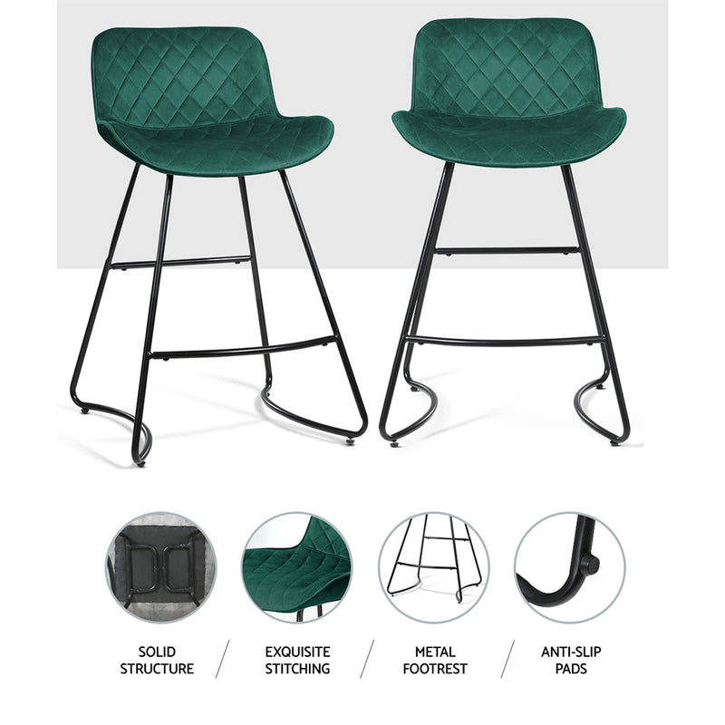 Set of 2 Bar Stools Kitchen Stool Chairs Chair Velvet Barstool Barstools Green