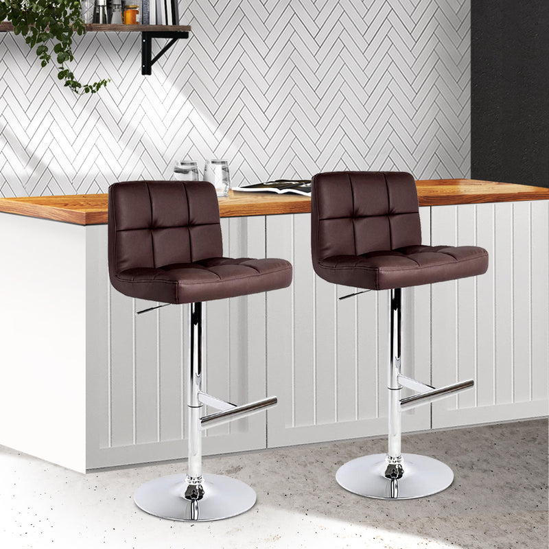 Set of 2 Gas Lift Bar Stools PU Leather - Chocolate Brown