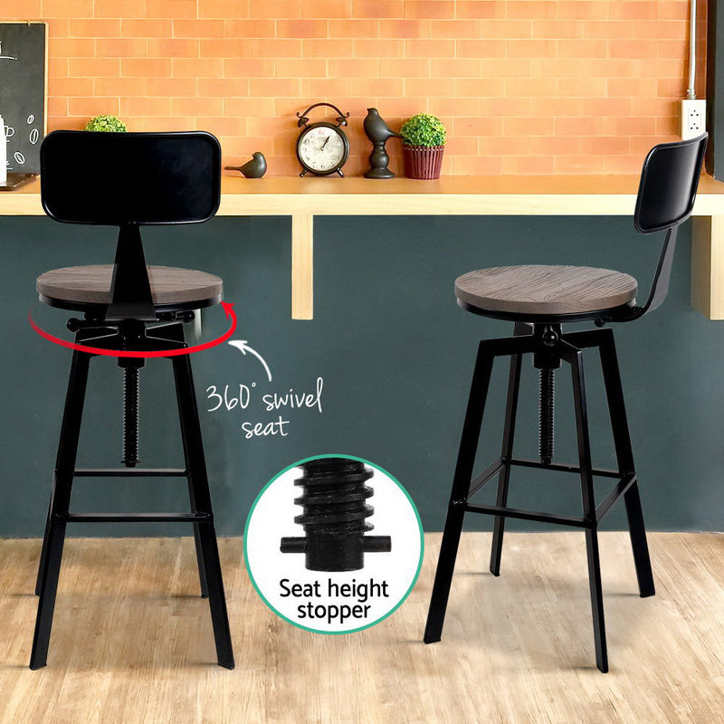 Set of 2 Cooper Industrial Style Metal and Wooden Rustic Bar Stools Black