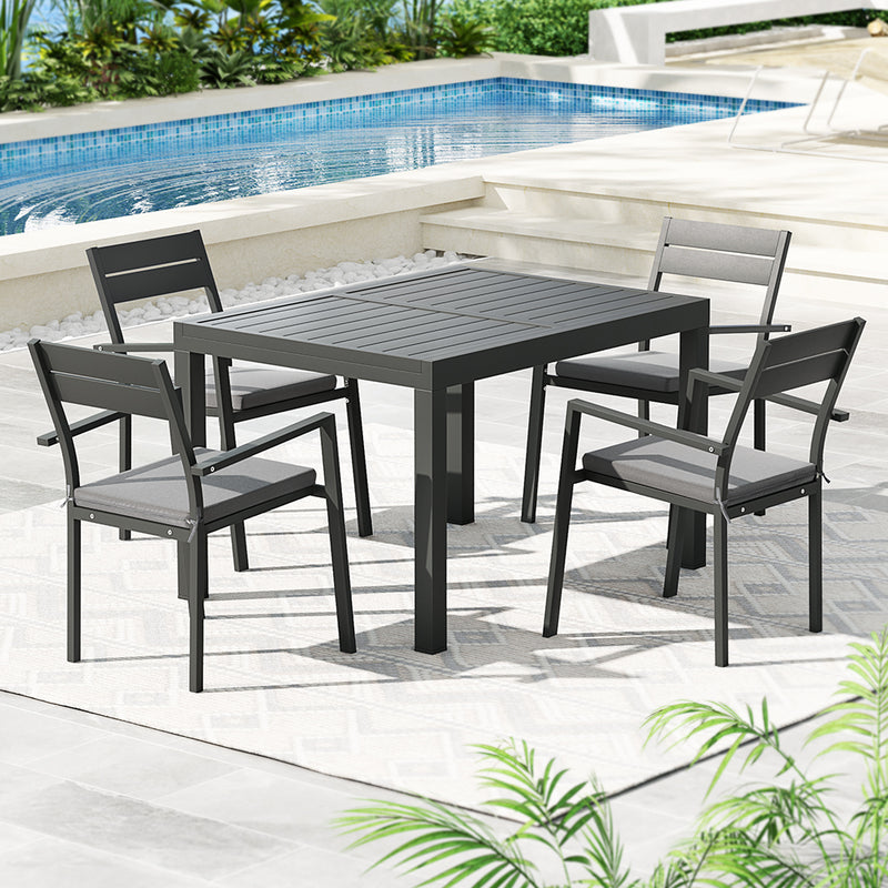 5 Piece Aluminium Outdoor Dining Set With Extension Table Black with Grey Cushions