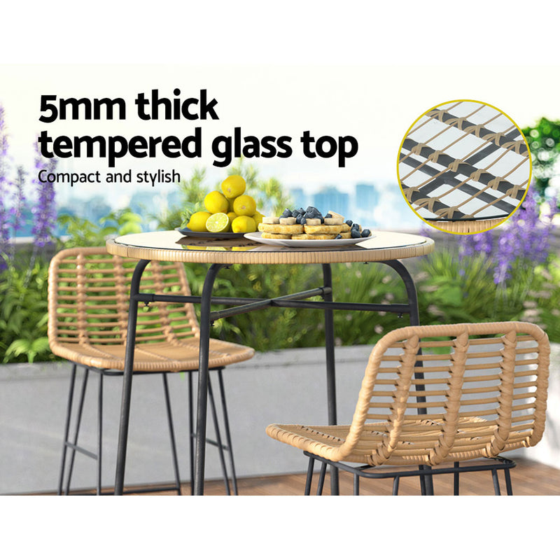 Outdoor Bar Table Wicker Dining Bistro Patio Balcony Glass Table Steel