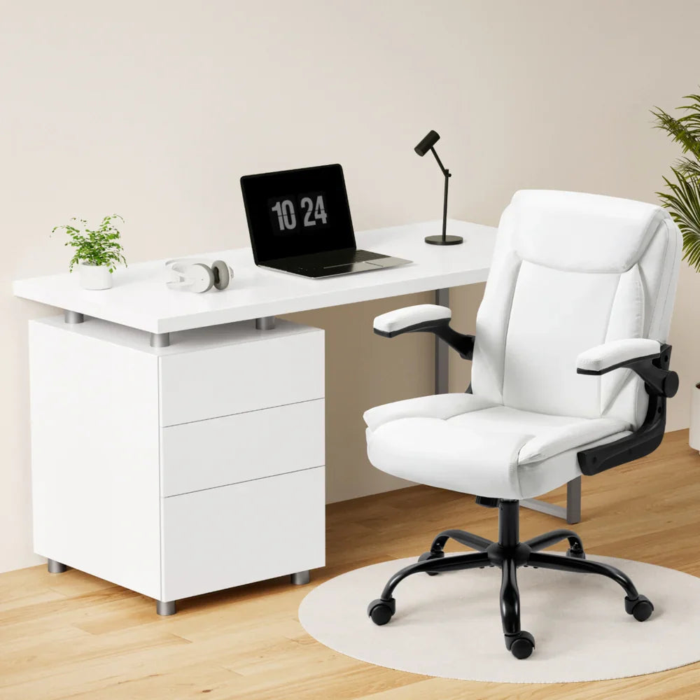 White ergonomic office chair with padded armrests and black base at a modern white desk setup – Bar Stool Centre Australia.