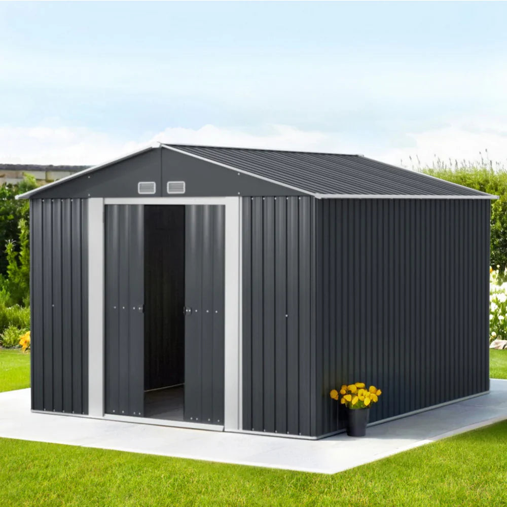 Large outdoor steel garden shed in dark grey with double doors, pitched roof, and ventilation panels – Bar Stool Centre Australia.