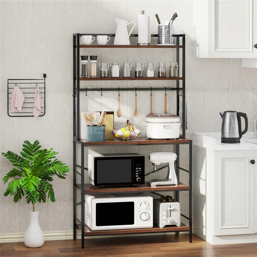 Industrial style kitchen storage rack with wooden shelves and black metal frame, holding microwave, appliances, and utensils – Bar Stool Centre Australia.