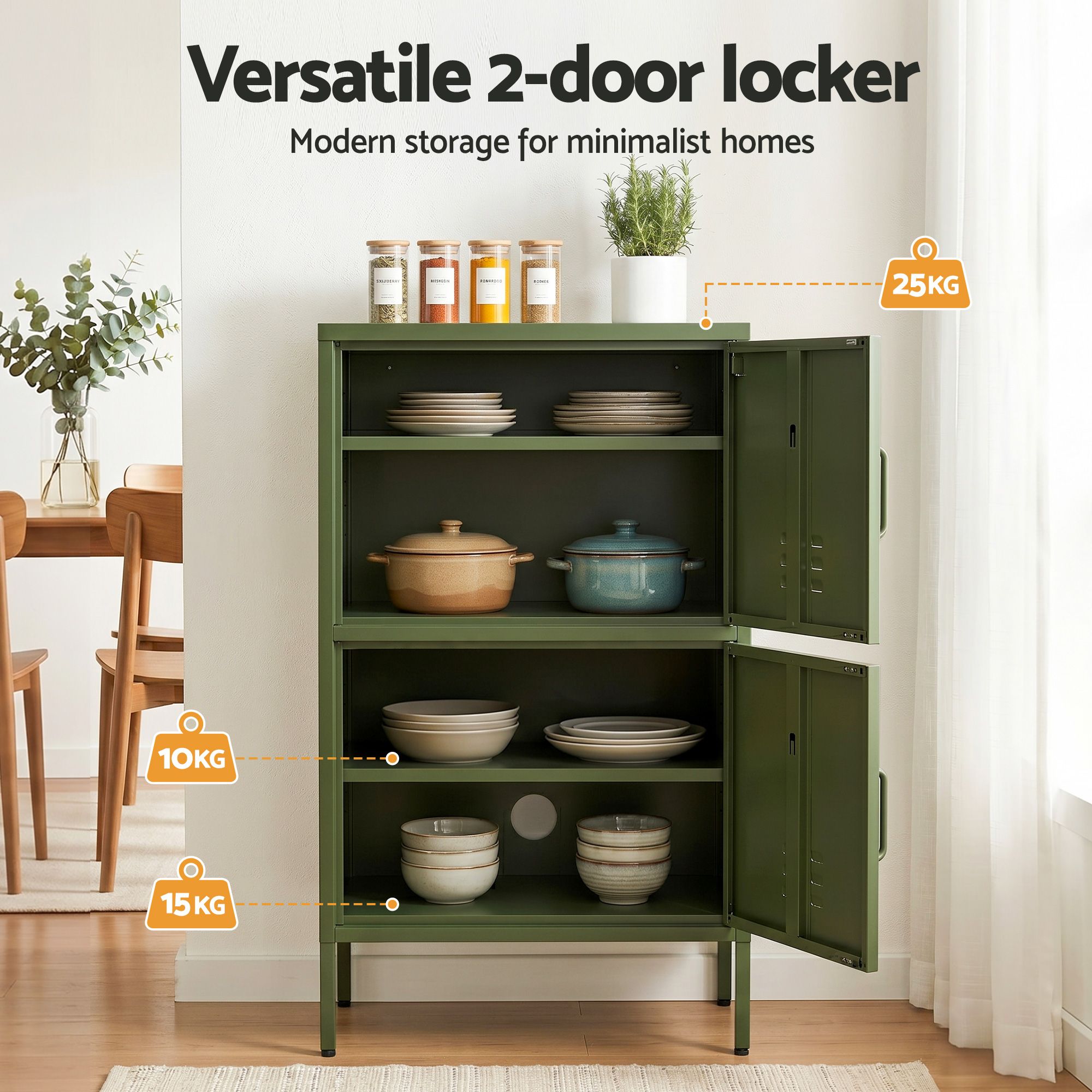 2x Buffet Sideboard Cabinet Storage Cupboard 2 Doors Metal Green DOUBLE