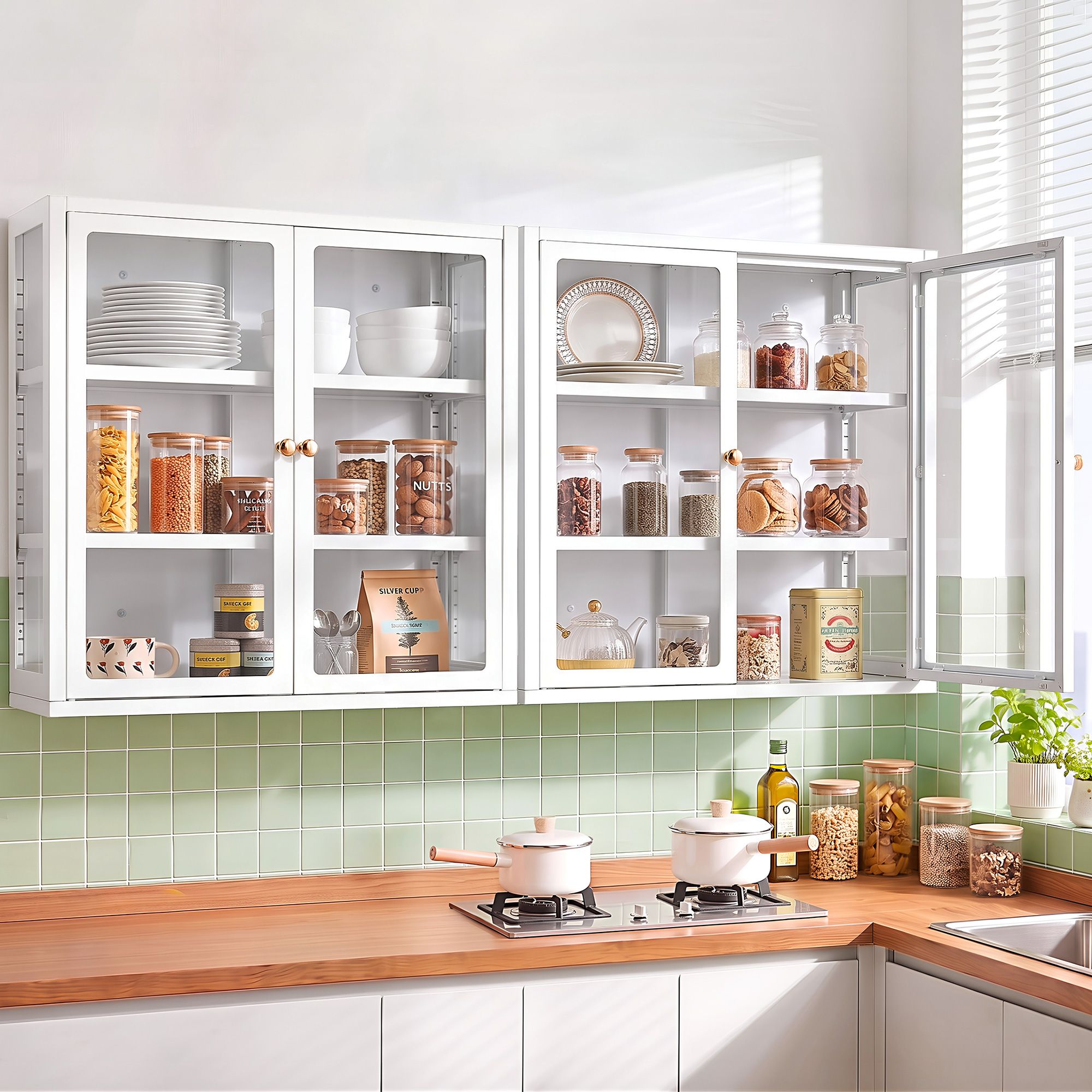 Set of 2 Buffet Cabinet Sideboards Wall Mounted Clear Display Storage 60cm - White