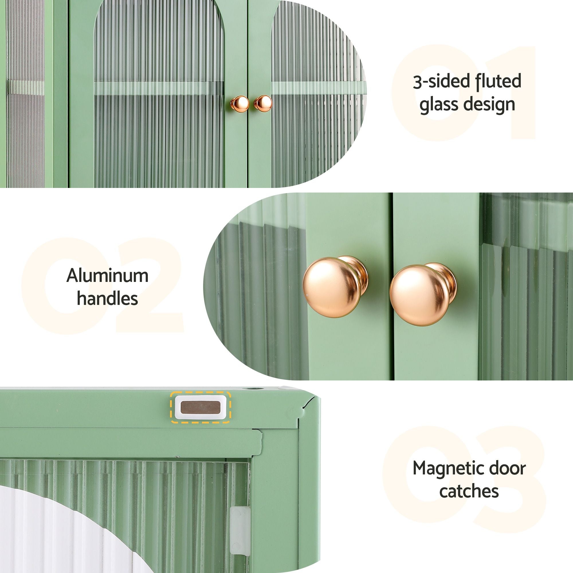 Buffet Cabinet Sideboard Wall Mounted Fluted Display Storage 70cm - Green