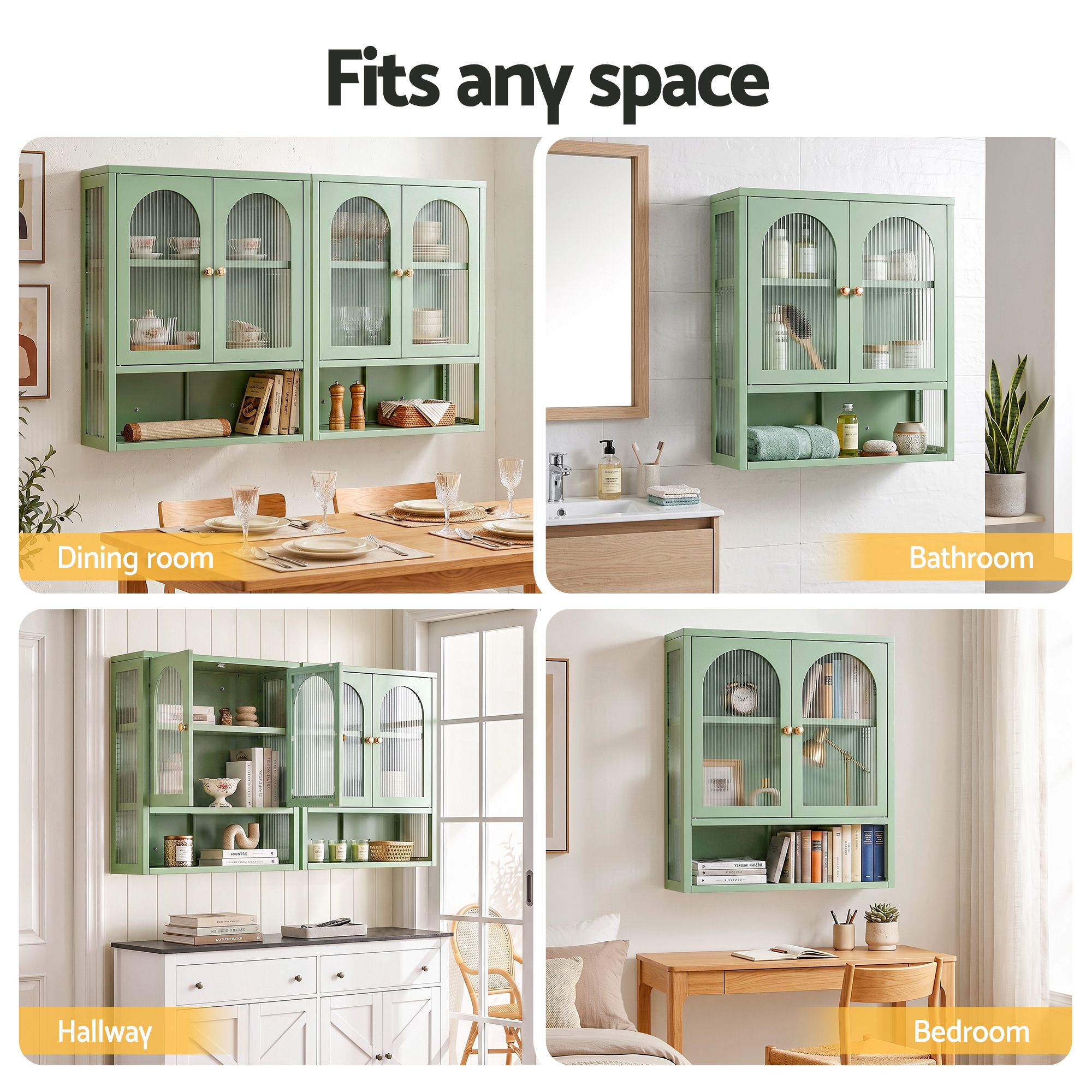 Buffet Cabinet Sideboard Wall Mounted Fluted Display Storage 70cm - Green