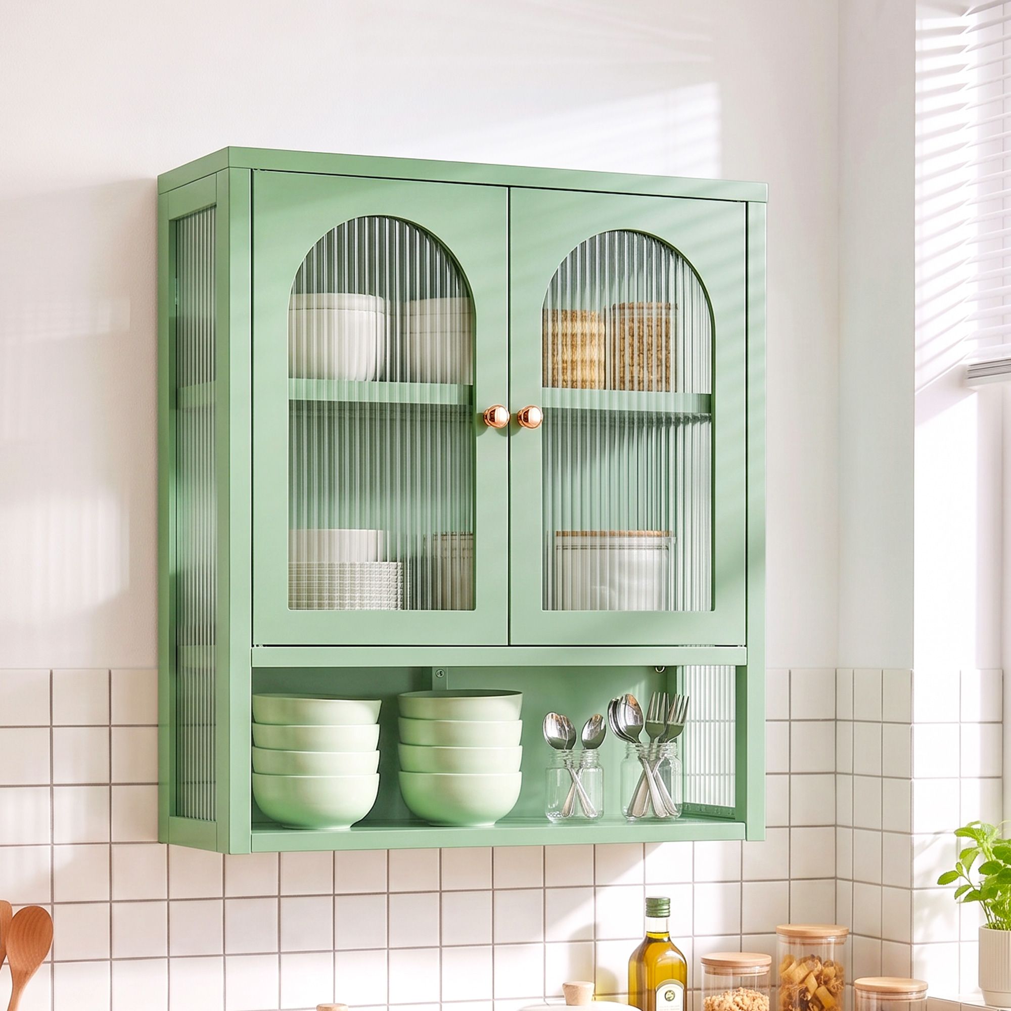 Buffet Cabinet Sideboard Wall Mounted Fluted Display Storage 70cm - Green