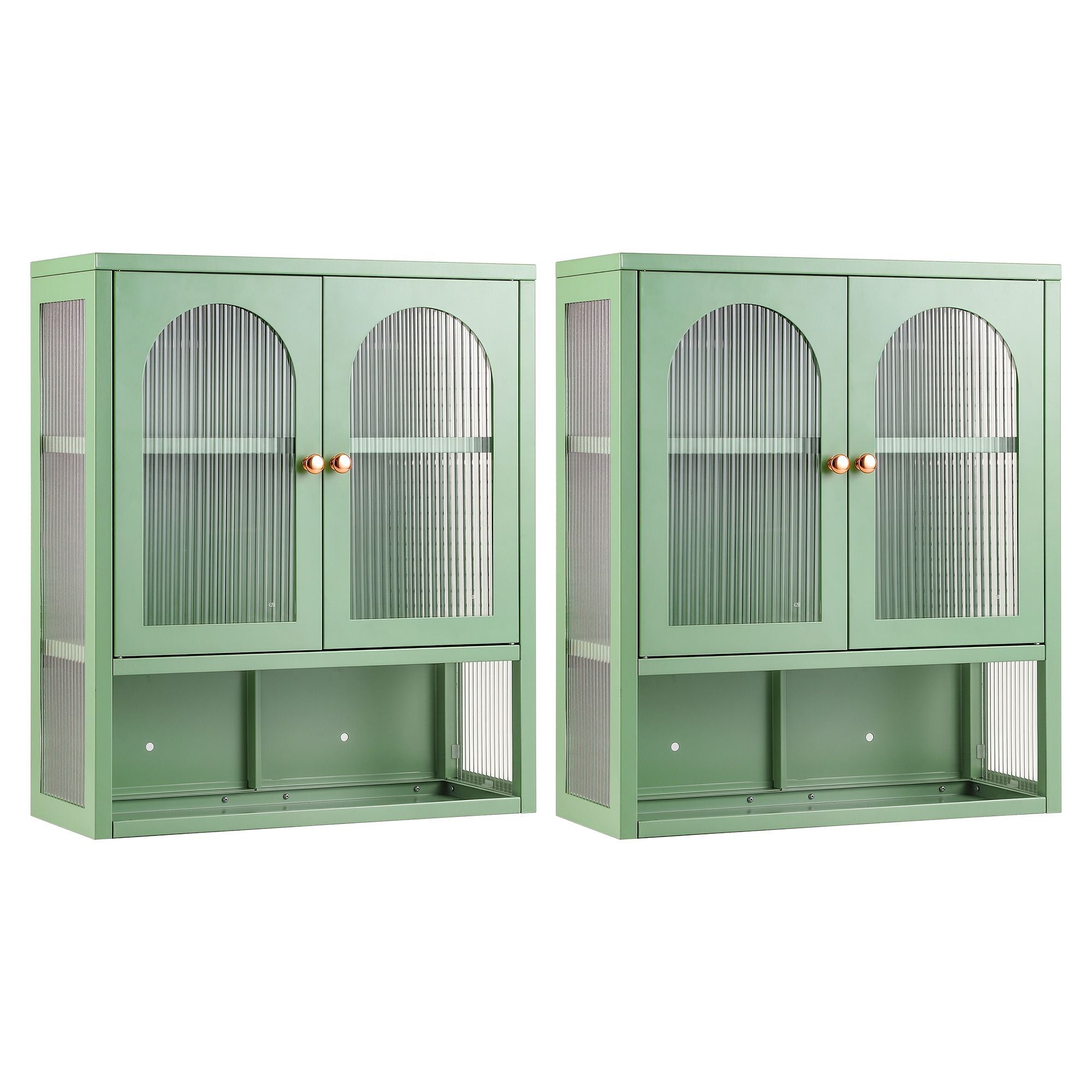 Set of 2 Wall Mounted Buffet Cabinets with Fluted Glass Doors - Green