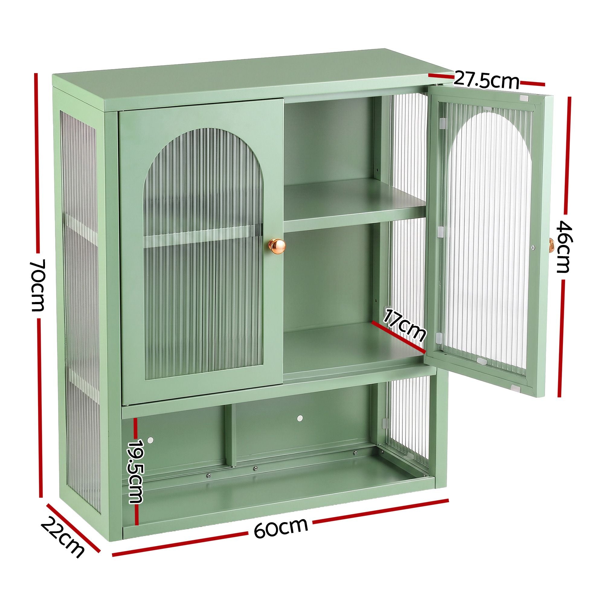 Set of 2 Wall Mounted Buffet Cabinets with Fluted Glass Doors - Green