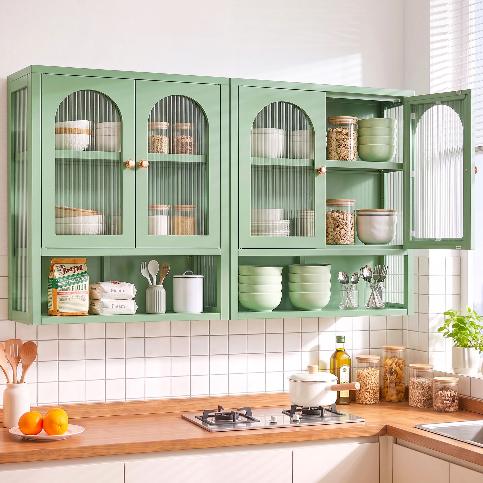 Set of 2 Wall Mounted Buffet Cabinets with Fluted Glass Doors - Green