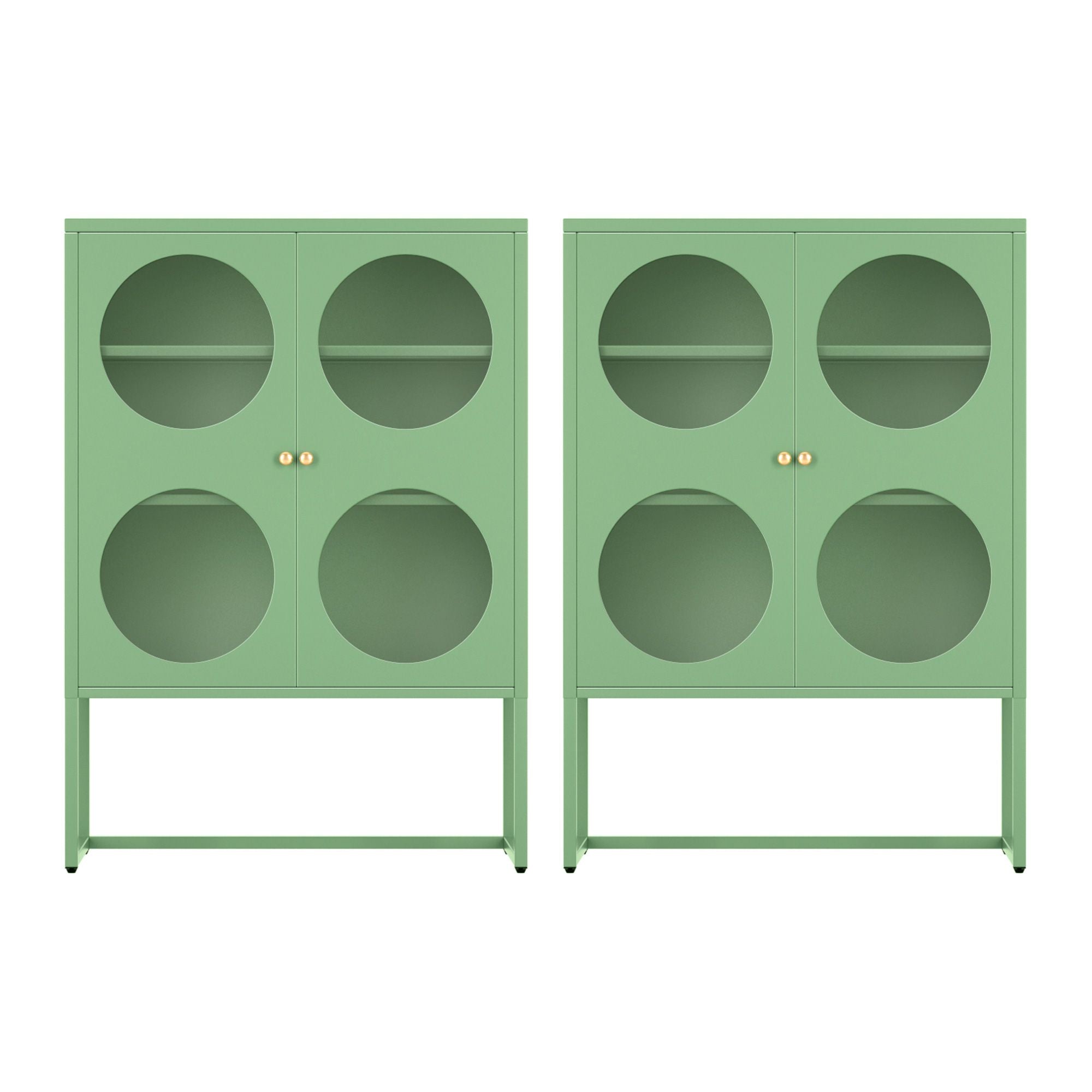 2x Buffet Sideboard Cabinet ELLA Cupboard Storage Glass Doors Metal Green