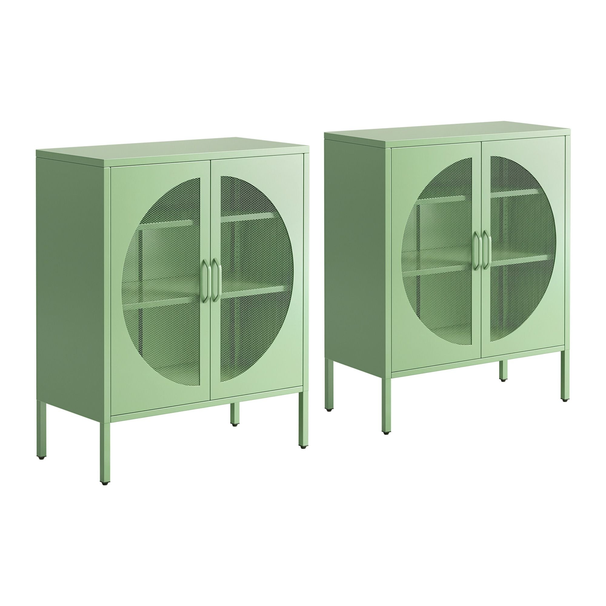 2x Buffet Sideboard Cabinet ELSA Cupboard Storage Mesh Doors Metal Green