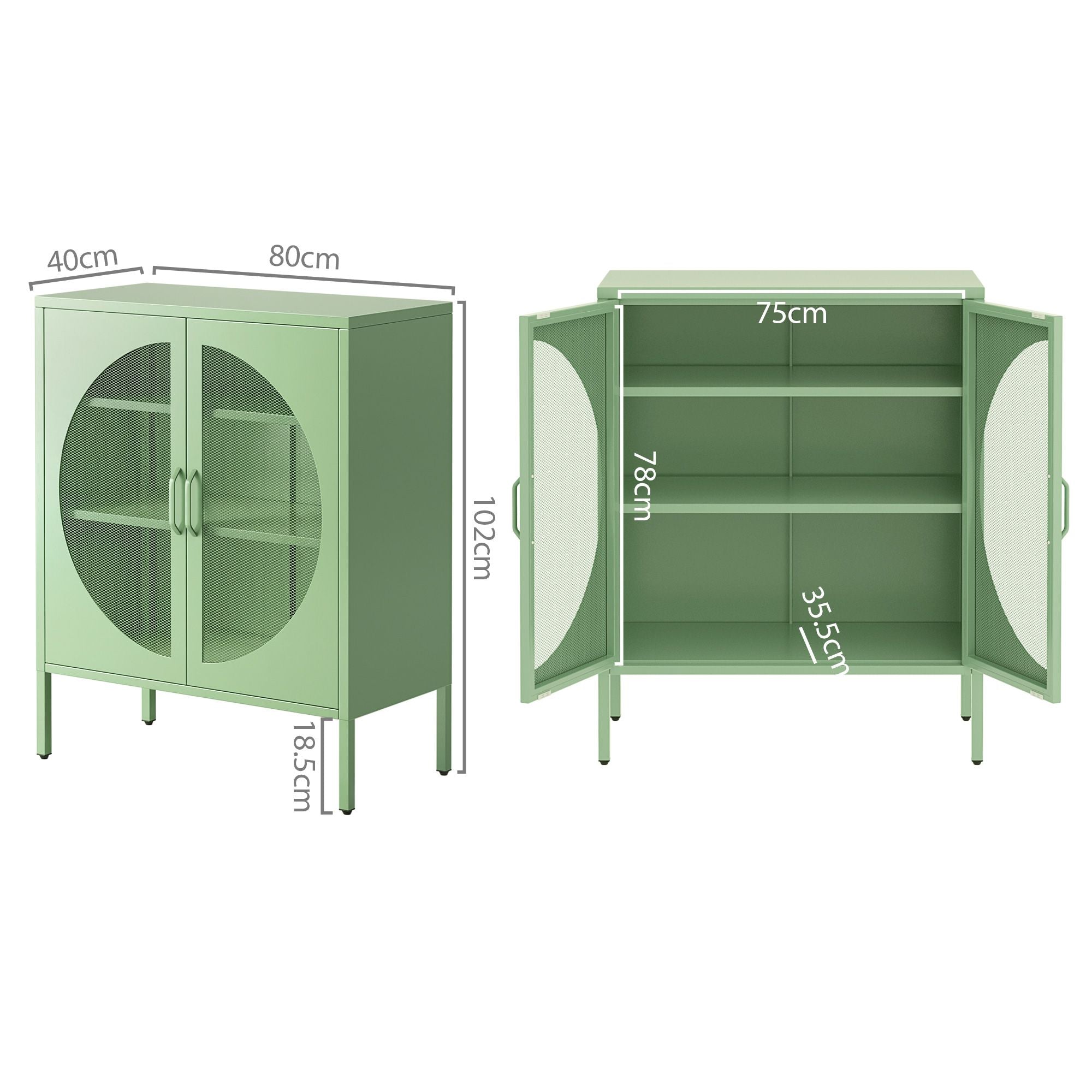 2x Buffet Sideboard Cabinet ELSA Cupboard Storage Mesh Doors Metal Green