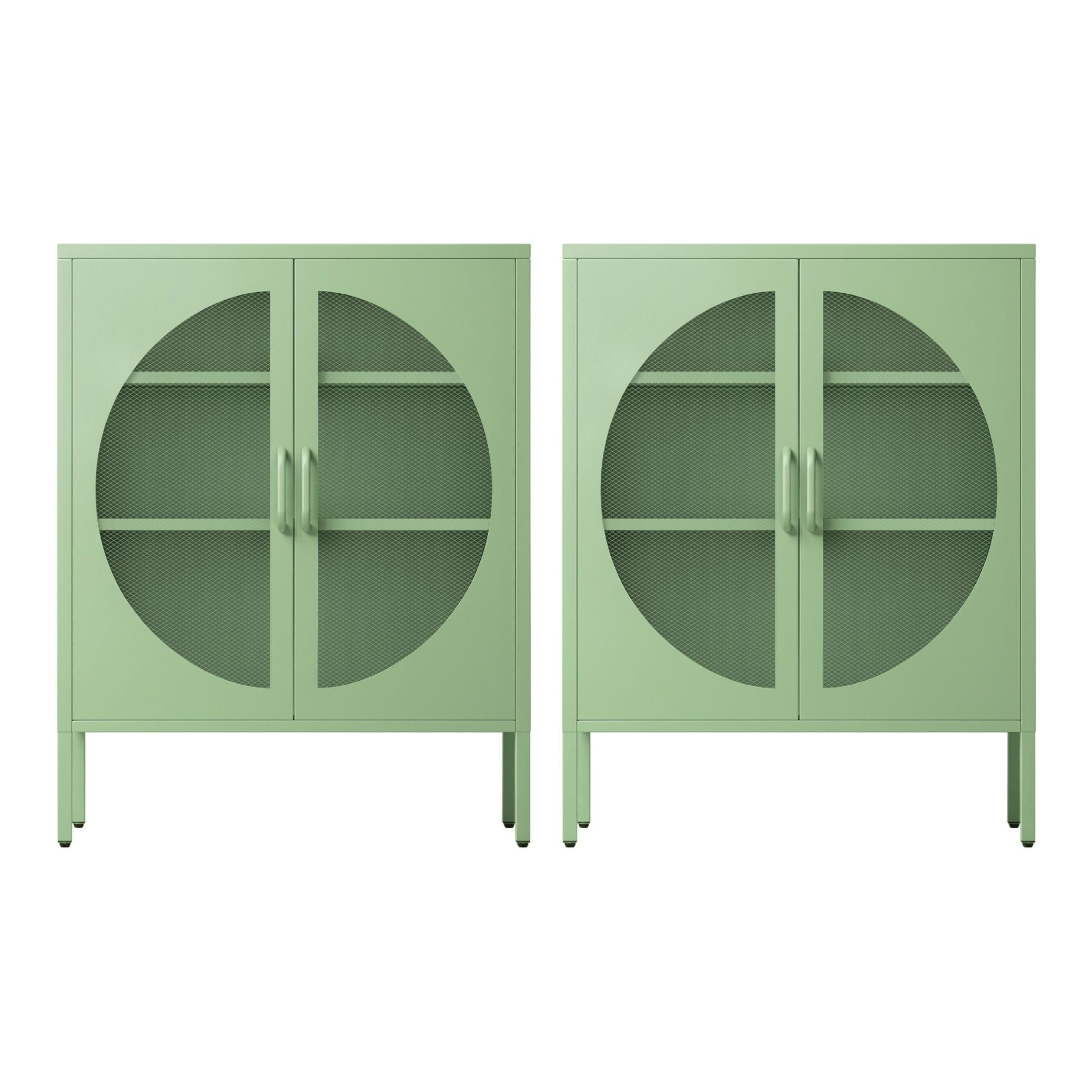2x Buffet Sideboard Cabinet ELSA Cupboard Storage Mesh Doors Metal Green