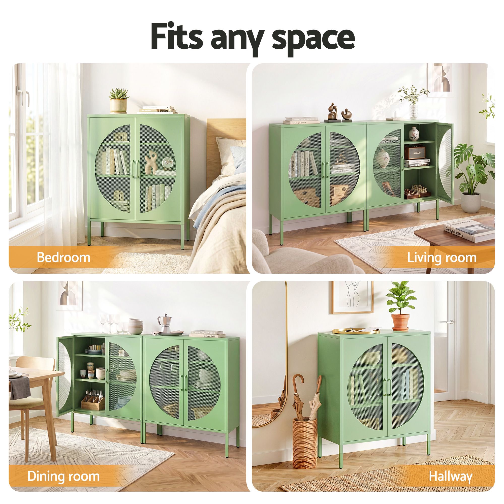 2x Buffet Sideboard Cabinet ELSA Cupboard Storage Mesh Doors Metal Green