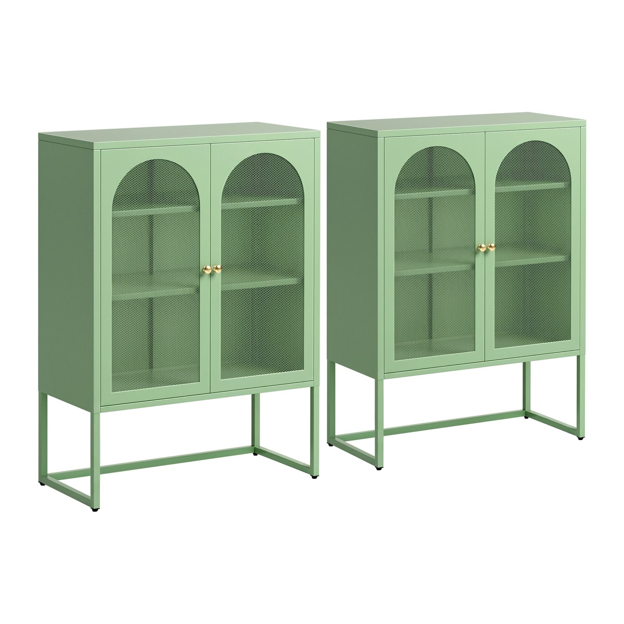 2x Buffet Sideboard Cabinet ELMA Cupboard Storage Mesh Doors Metal Green