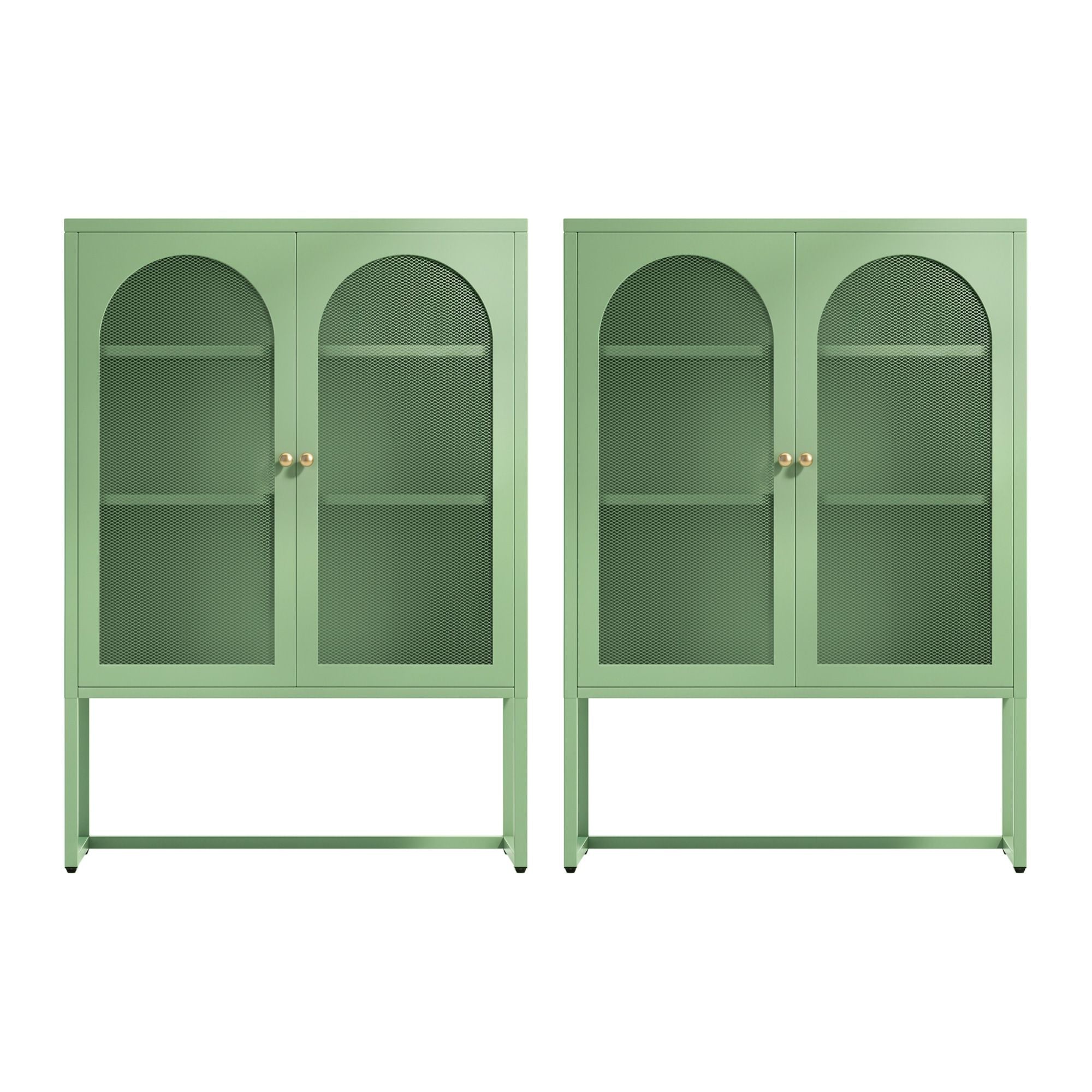 2x Buffet Sideboard Cabinet ELMA Cupboard Storage Mesh Doors Metal Green