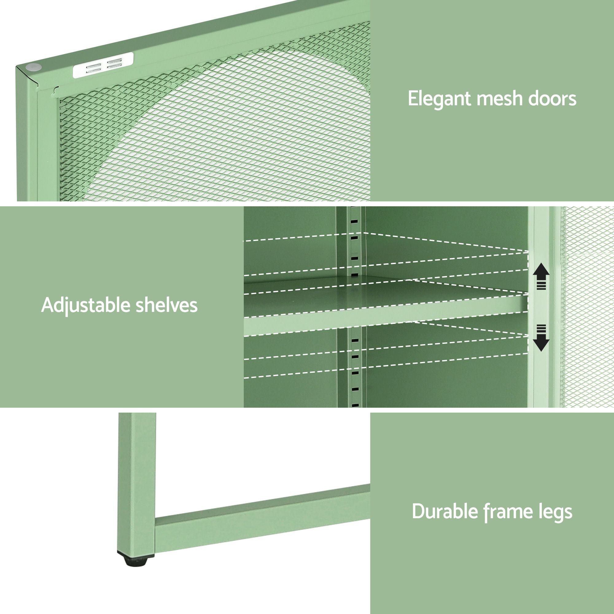 2x Buffet Sideboard Cabinet ELMA Cupboard Storage Mesh Doors Metal Green