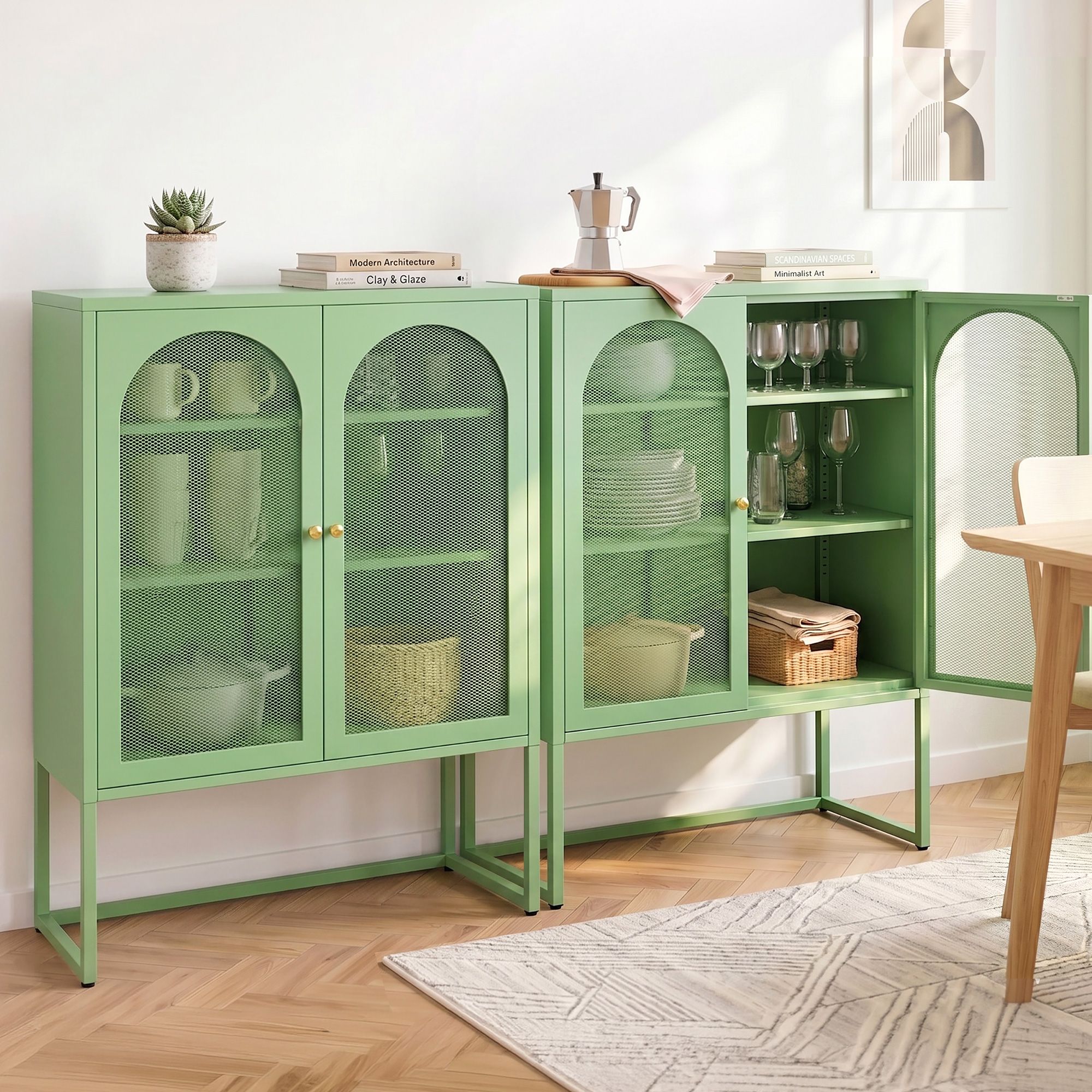 2x Buffet Sideboard Cabinet ELMA Cupboard Storage Mesh Doors Metal Green