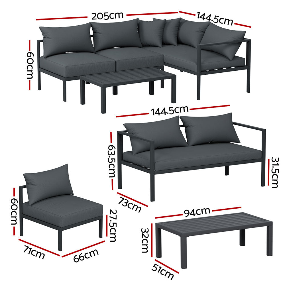 4 Seater Outdoor Sofa Set Aluminium Patio Furniture Setting 4PC Charcoal