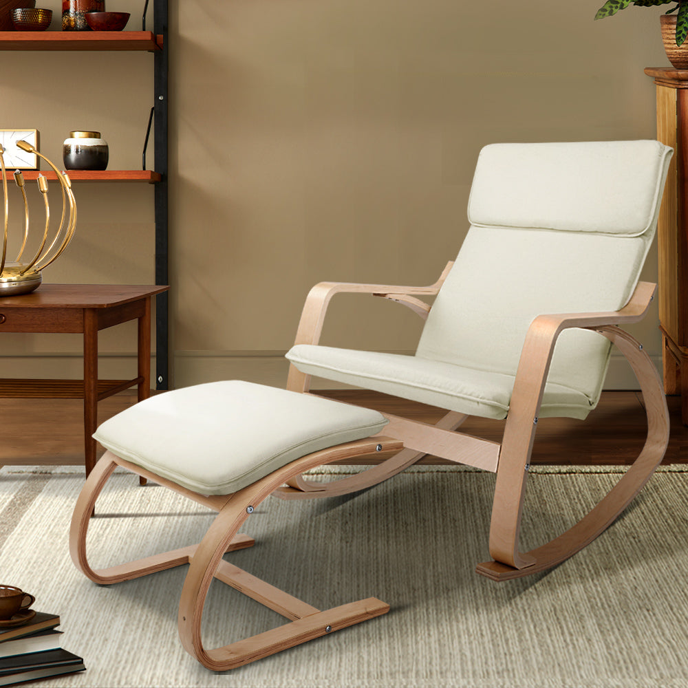 Rocking Armchair Bentwood Frame With Foot Stool Beige