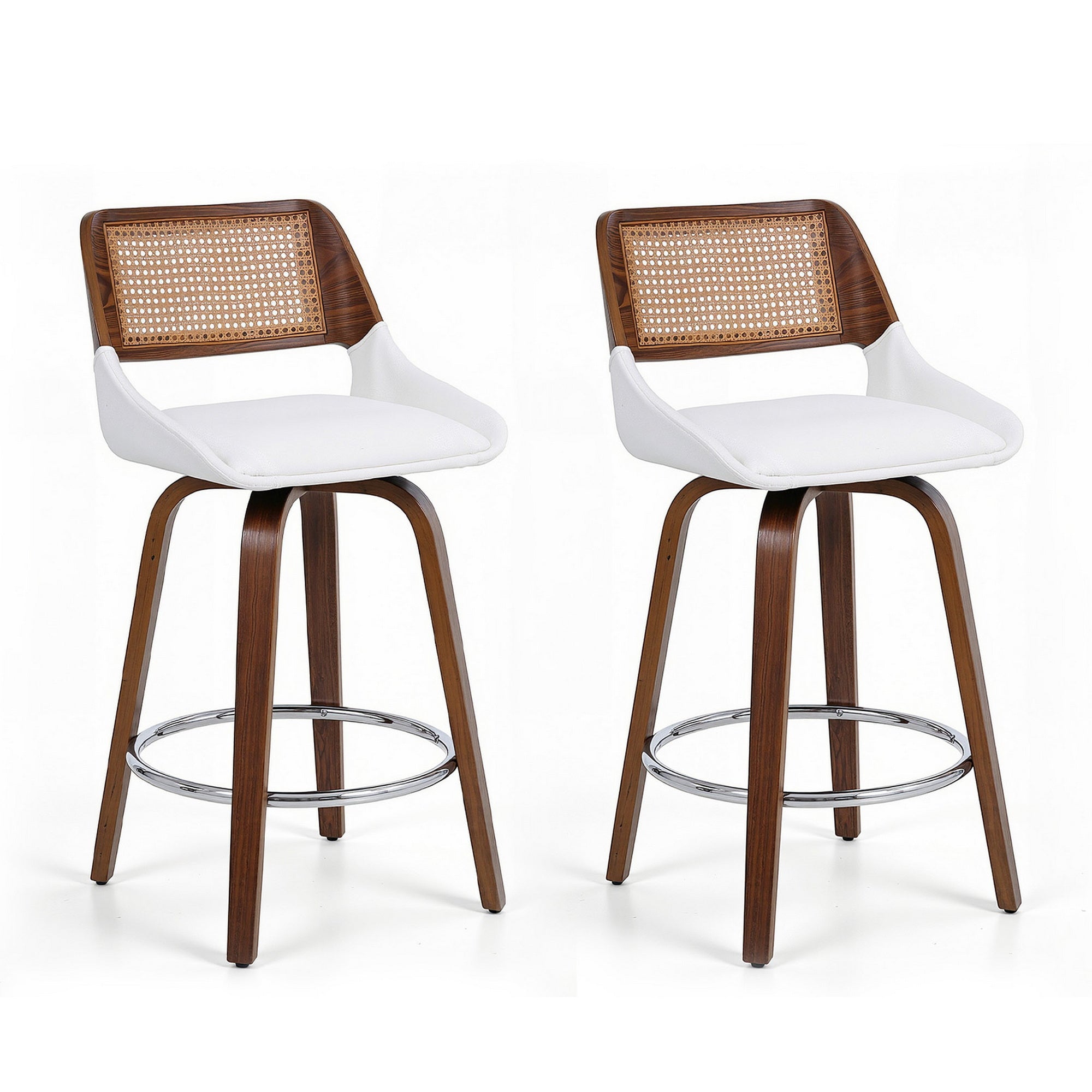 Set of 2 Wooden Swivel Bar Stools 60cm Seat Height - White & Rattan