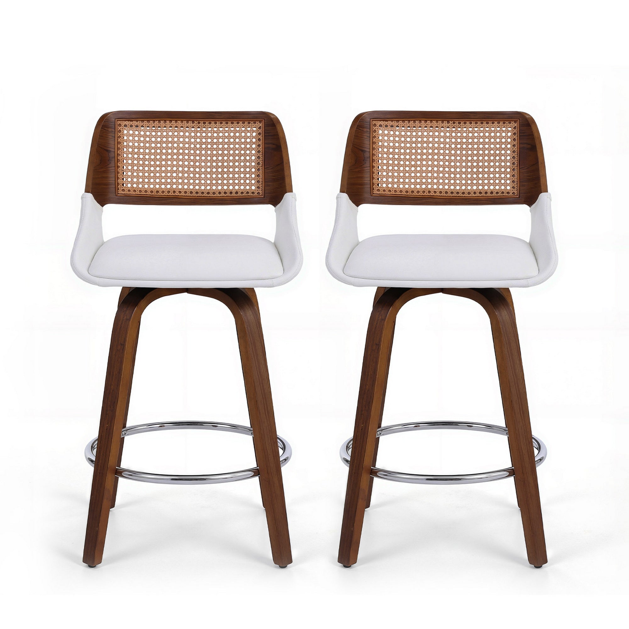 Set of 2 Wooden Swivel Bar Stools 60cm Seat Height - White & Rattan
