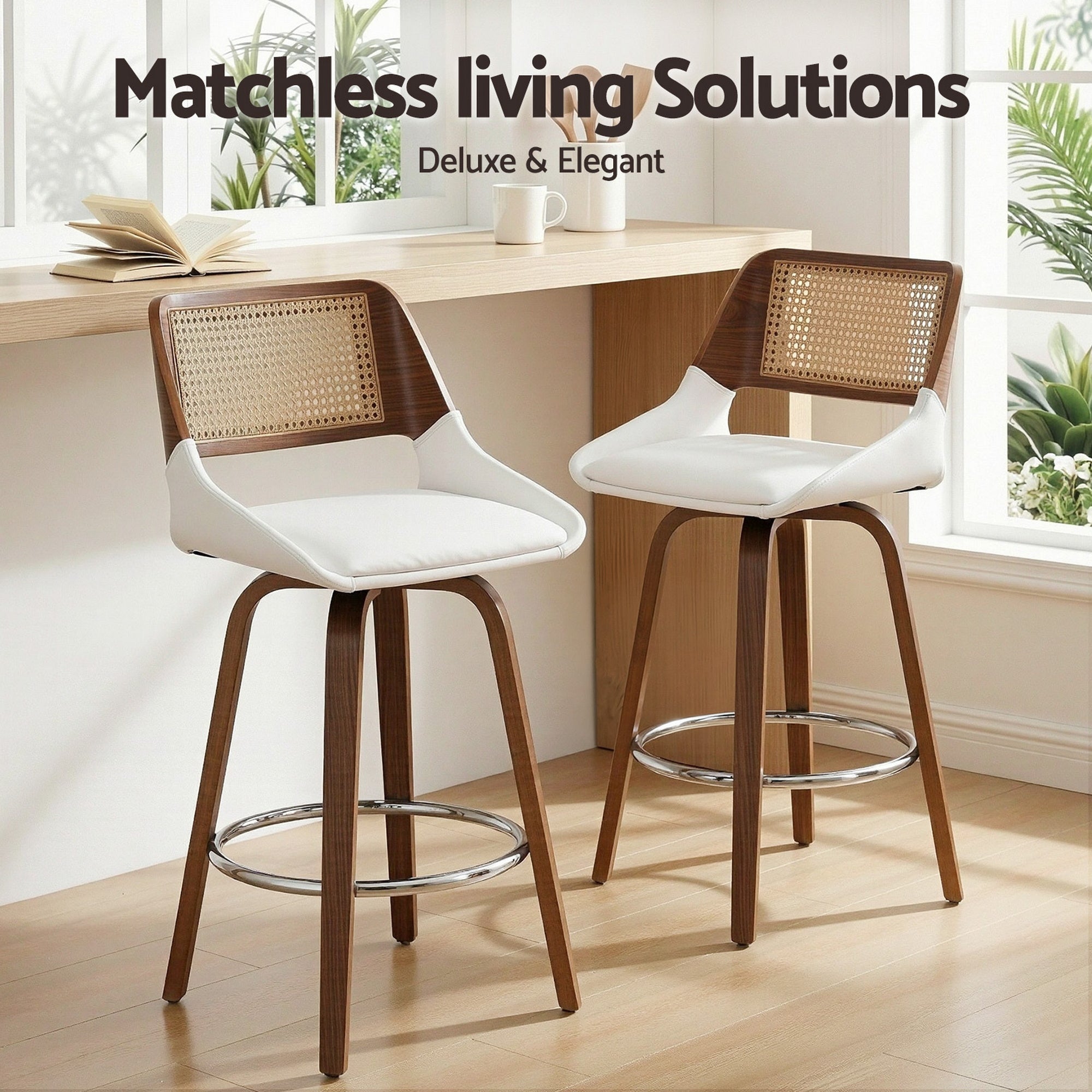 Set of 2 Wooden Swivel Bar Stools 60cm Seat Height - White & Rattan