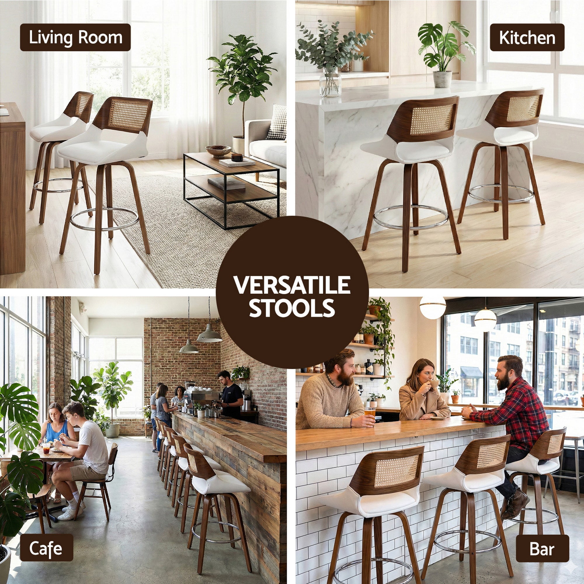 Set of 2 Wooden Swivel Bar Stools 60cm Seat Height - White & Rattan