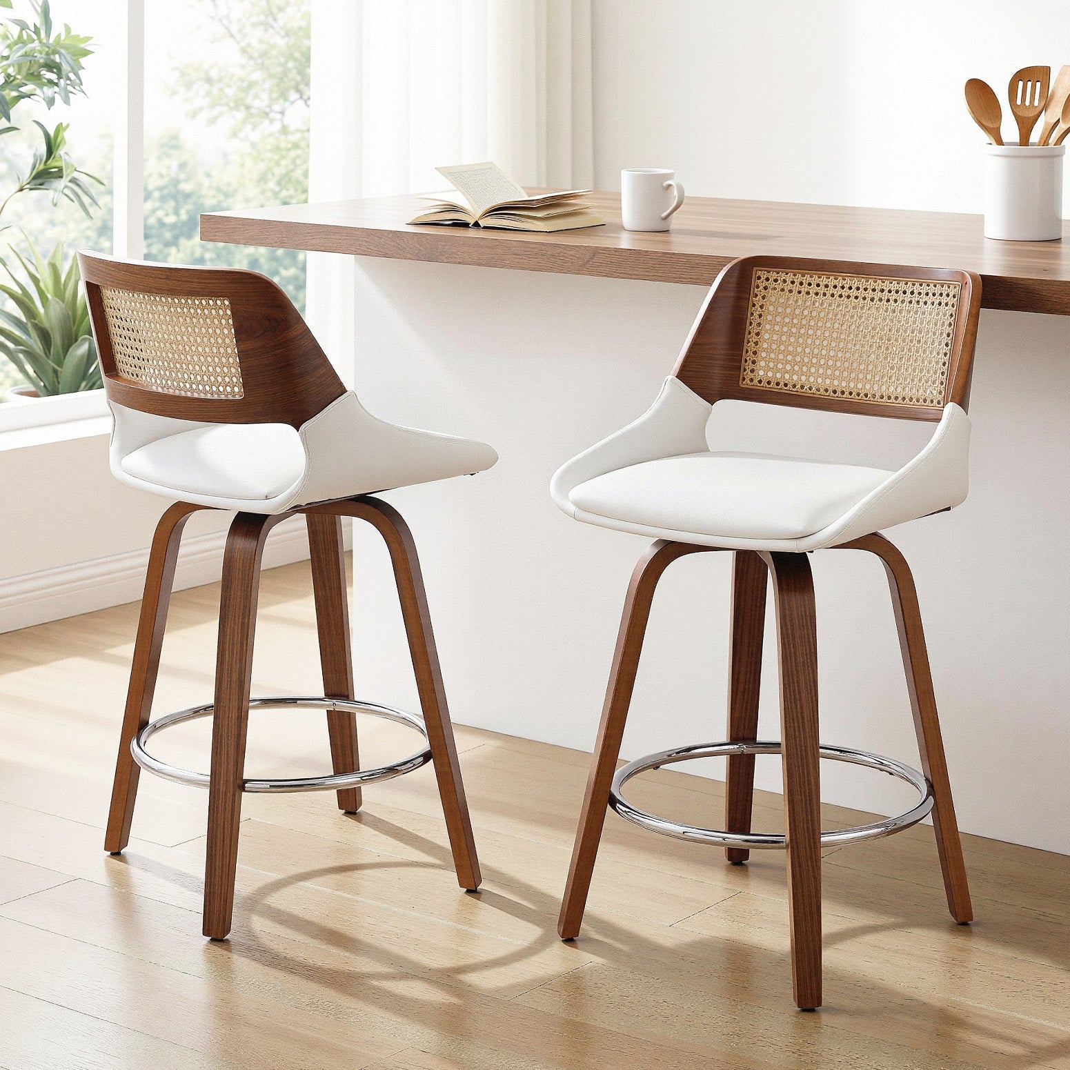 Set of 2 Wooden Swivel Bar Stools 60cm Seat Height - White & Rattan