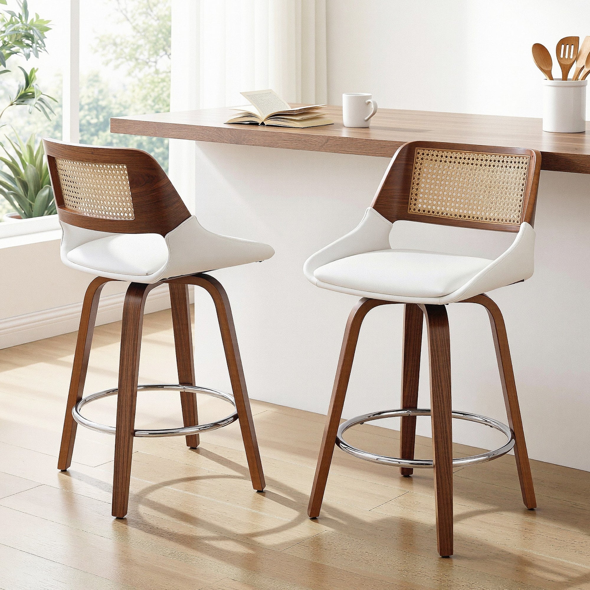 Set of 2 Wooden Swivel Bar Stools 60cm Seat Height - White & Rattan